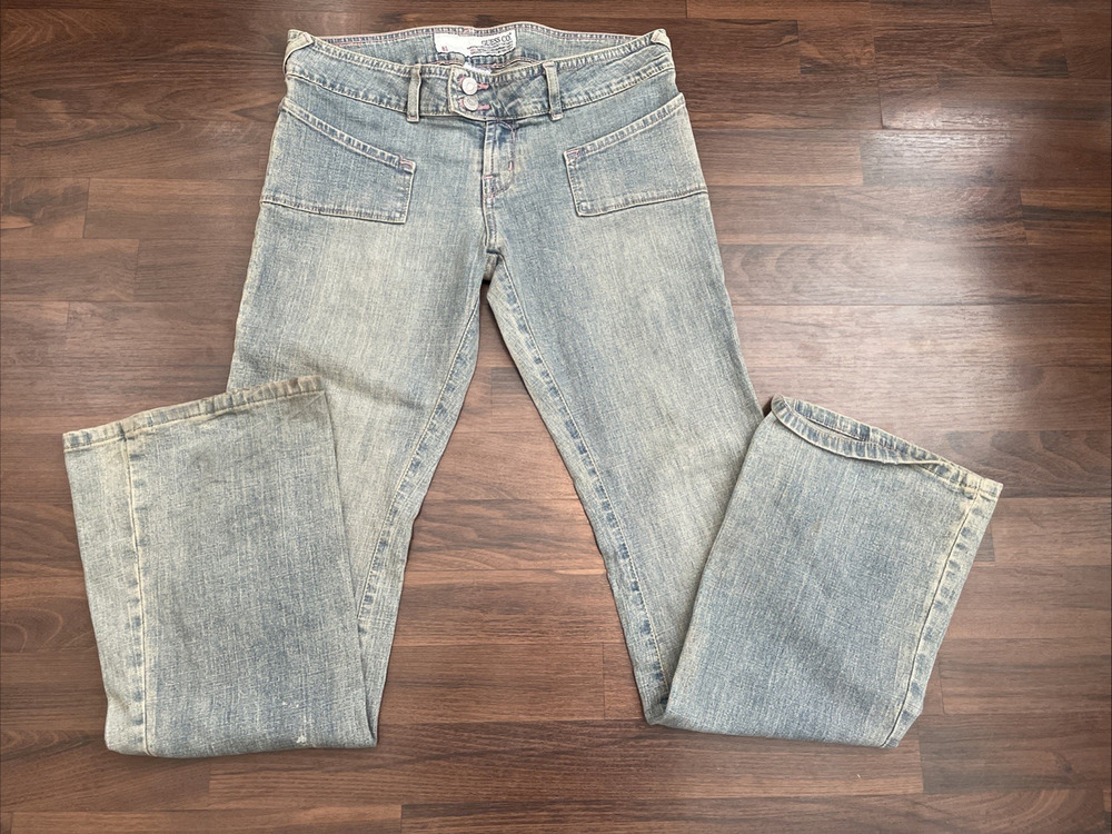VTG Y2K Guess Co Jeans 81 Low Rise Bootcut Pink Stitch Light Wash Flare SZ 30